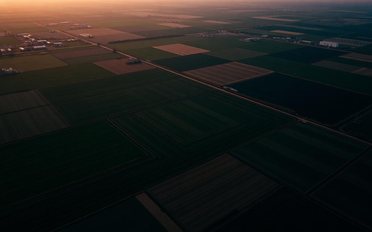 Aerial view of farmland at golden hour
