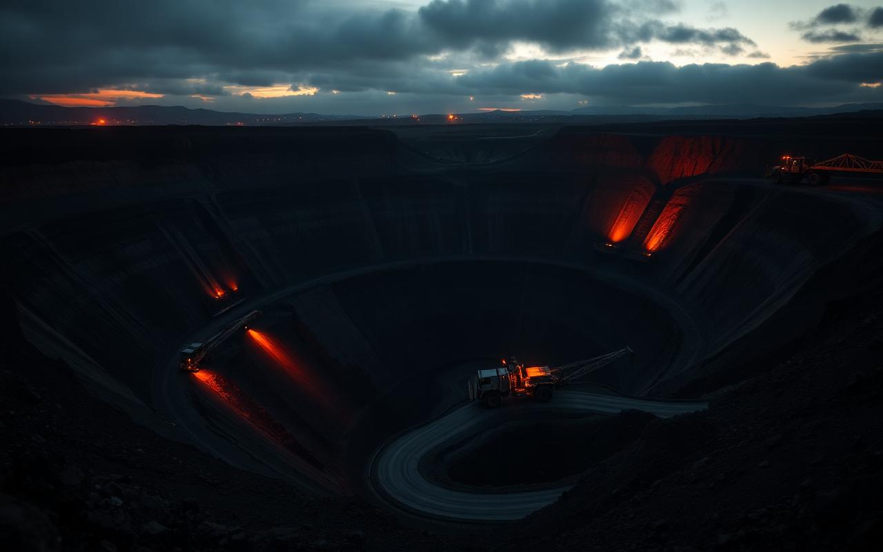 Open pit mining operation at dusk