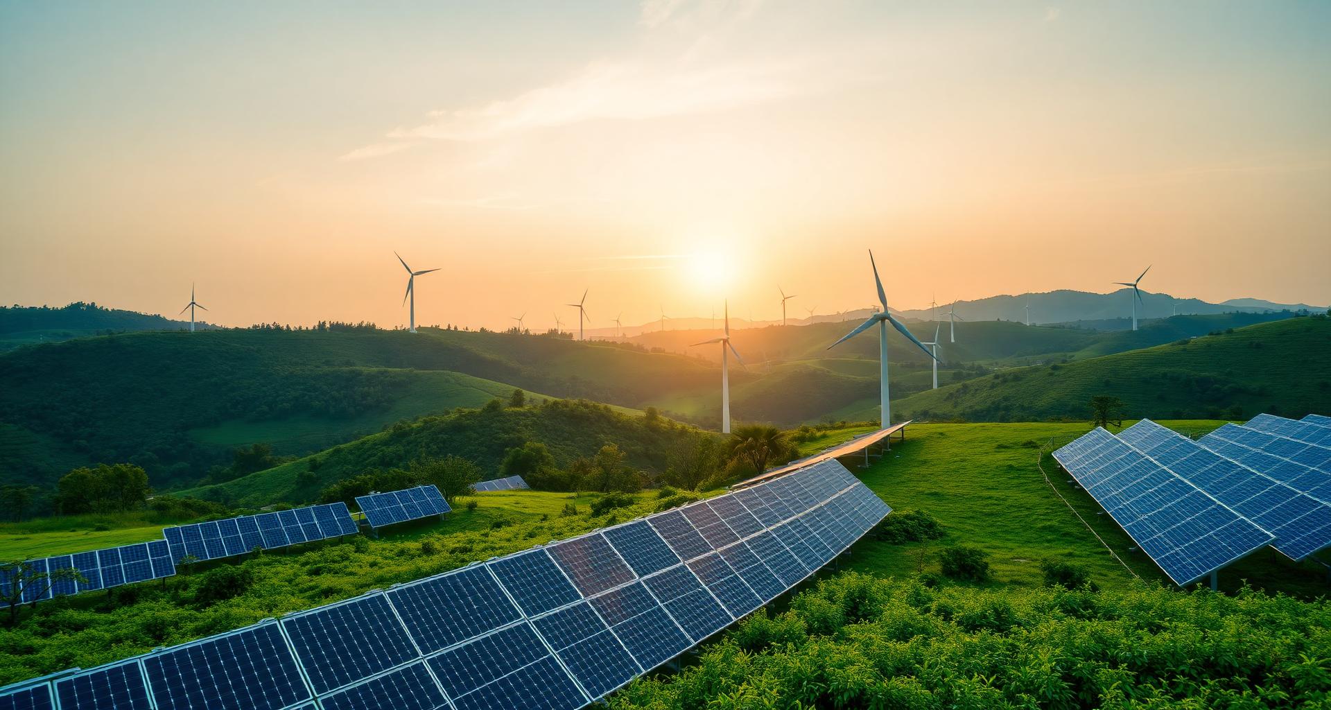 Solar panels and wind turbines on green hills at sunrise